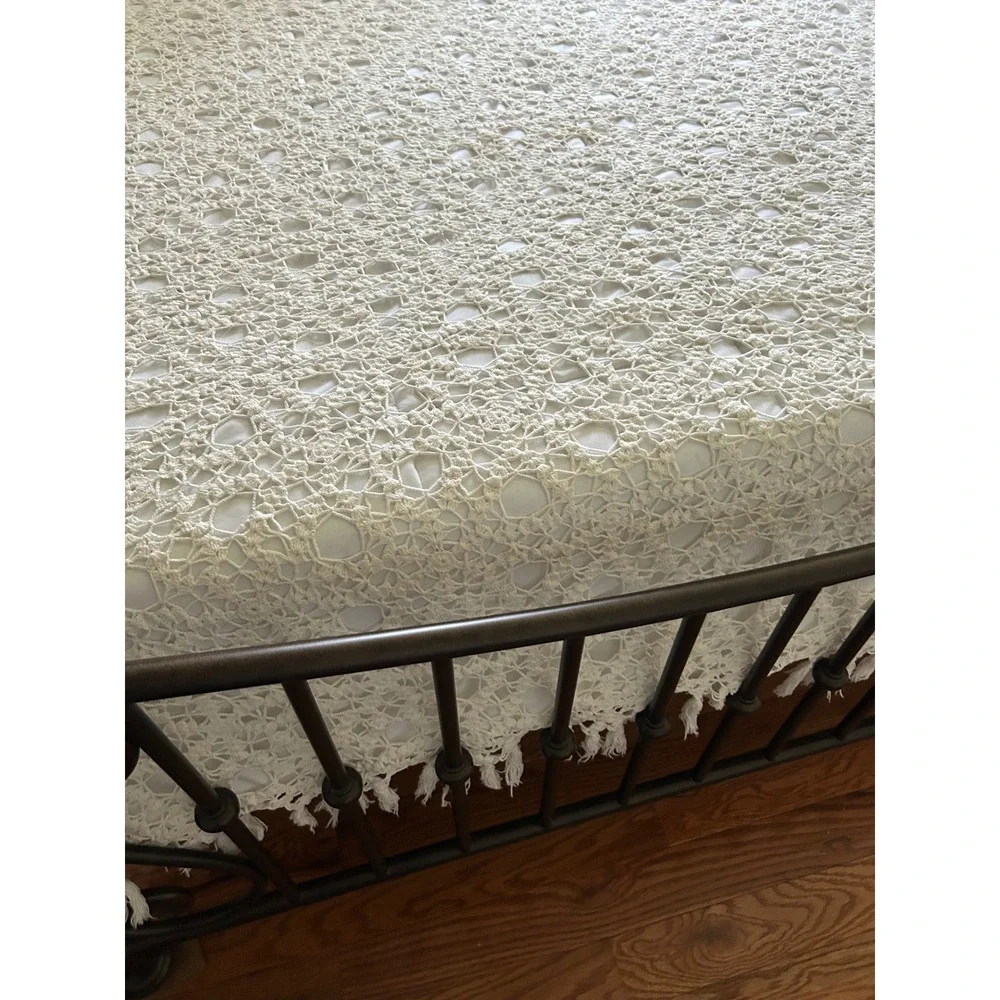 Vintage Handmade Crochet Bed/ Couch Cover Cream Lace Tassel Fringe